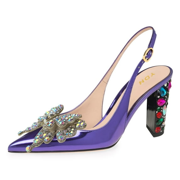 YDN Women Butterfly Pointy Closed Toe Slingback Pumps Buckle Strap Crystal Chunky High Heel Shoes Party Daily Shopping Size 8.5 Purple