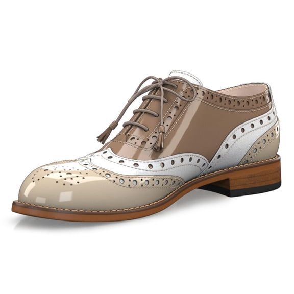 YDN Women Casual Round Closed Toe Spliced Leather Loafers Slip On Chunky Low Heels Lace Up Oxford Office Dressy Shoes Size 12 Milk Tea