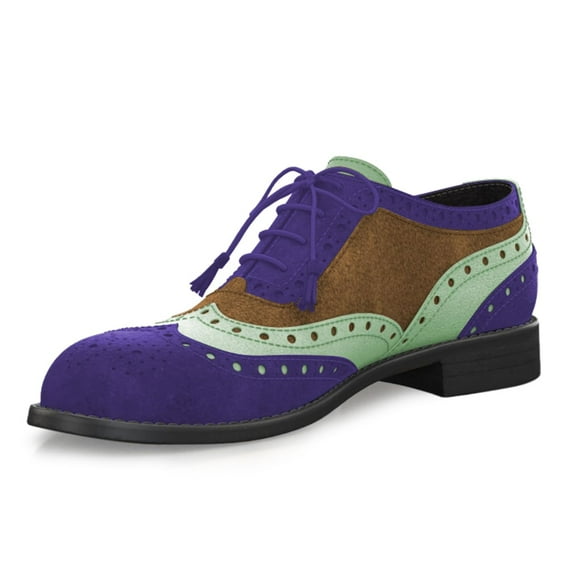 YDN Women Casual Round Closed Toe Spliced Leather Loafers Slip On Chunky Low Heels Lace Up Oxford Office Dressy Shoes Size 12 Navy Brown