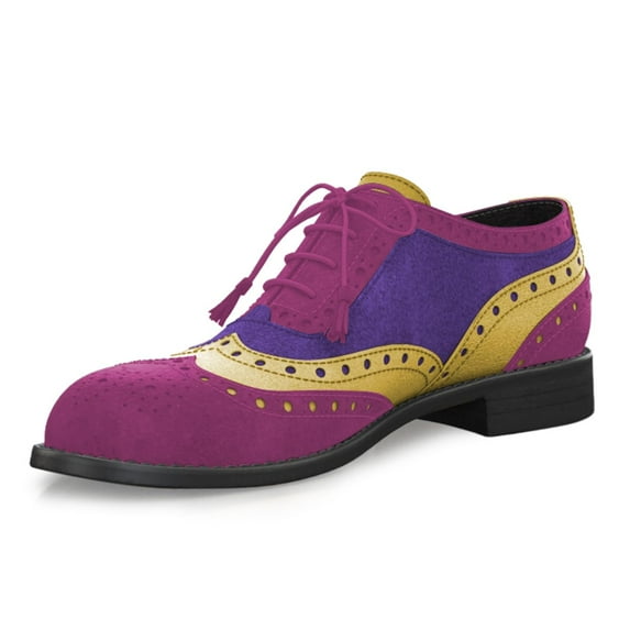 YDN Women Casual Round Closed Toe Spliced Leather Loafers Slip On Chunky Low Heels Lace Up Oxford Office Dressy Shoes Size 14 Purple