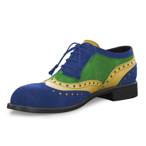 YDN Women Casual Round Closed Toe Spliced Leather Loafers Slip On Chunky Low Heels Lace Up Oxford Office Dressy Shoes Size 15 Blue Green Yellow