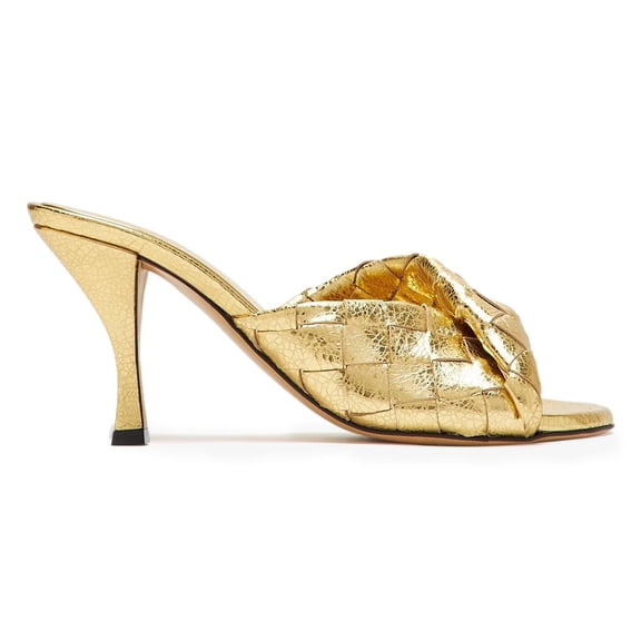 YDN Women Checkered Open Round Toe Mules Slip on Mid Cone Heels Fashion Dressy Party Slide Sandals Size 10.5 Gold