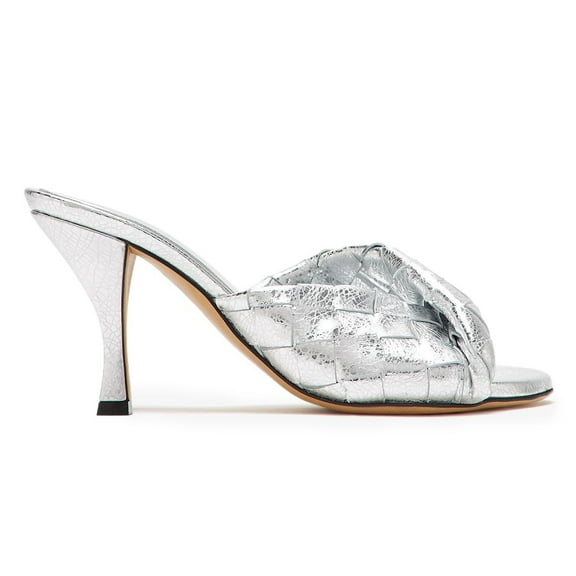 YDN Women Checkered Open Round Toe Mules Slip on Mid Cone Heels Fashion Dressy Party Slide Sandals Size 10 Silver