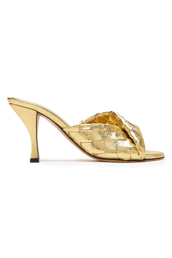 Women Checkered Open Round Toe Mules Slip on Mid Cone Heels Fashion Dressy Party Slide Sandals Size 12 Gold