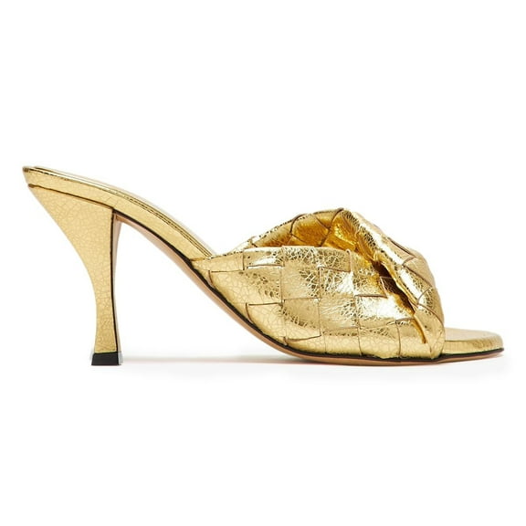 YDN Women Checkered Open Round Toe Mules Slip on Mid Cone Heels Fashion Dressy Party Slide Sandals Size 6.5 Gold