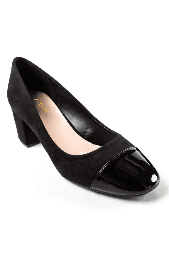 Women Chic Cap Toe Slip On Pumps Bi-Material Low Chunky Block Heels Comfortable Business Date Shoes Size 8 Black