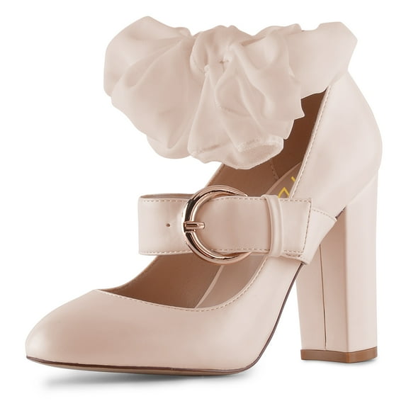 YDN Women Chic Closed Toe Bow Tie Mary Jane Pumps Buckle Strap Block High Heels Lovely Dress Ballroom Shoes Size 5.5 Nude