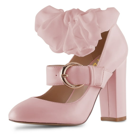 YDN Women Chic Closed Toe Bow Tie Mary Jane Pumps Buckle Strap Block High Heels Lovely Dress Ballroom Shoes Size 5 Pink