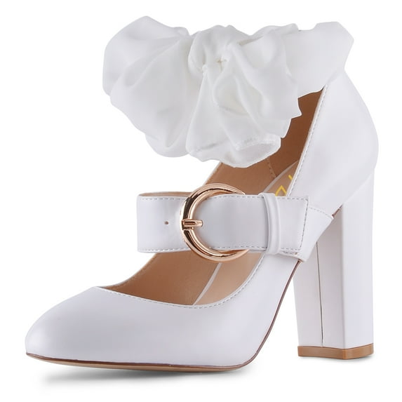 YDN Women Chic Closed Toe Bow Tie Mary Jane Pumps Buckle Strap Block High Heels Lovely Dress Ballroom Shoes Size 9 White