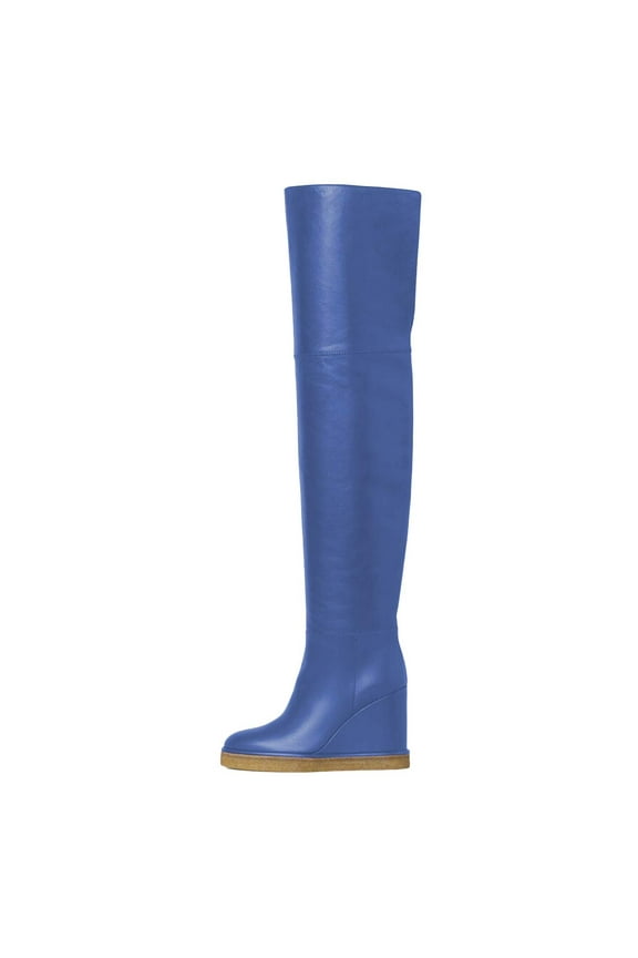 Women Chic Closed Toe Wedge High Heels Thigh High Over The Knee Boots Comfy Pull On Foldable Knee High Boots Shoes Size 11 Blue