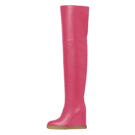 YDN Women Chic Closed Toe Wedge High Heels Thigh High Over The Knee Boots Comfy Pull On Foldable Knee High Boots Shoes Size 13 Pink
