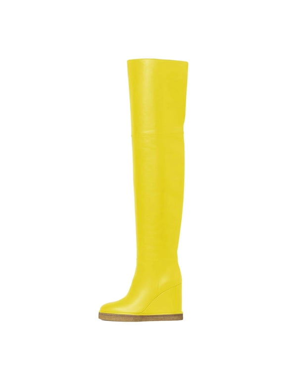 Women Chic Closed Toe Wedge High Heels Thigh High Over The Knee Boots Comfy Pull On Foldable Knee High Boots Shoes Size 5 Yellow
