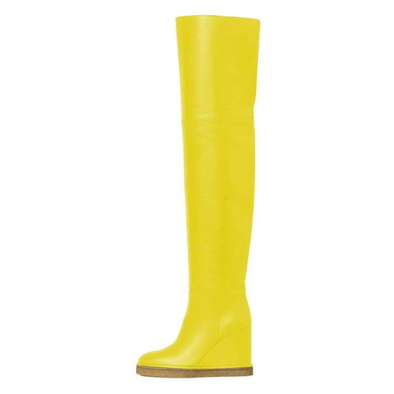 YDN Women Chic Closed Toe Wedge High Heels Thigh High Over The Knee Boots Comfy Pull On Foldable Knee High Boots Shoes Size 8 Yellow