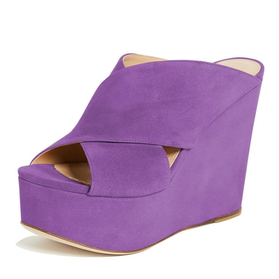 YDN Women Chic Peep Toe Wedge High Heel Sandals Slip On Double Wide Strap Backless Platform Mules Walking Dress Shoes Size 15 Purple