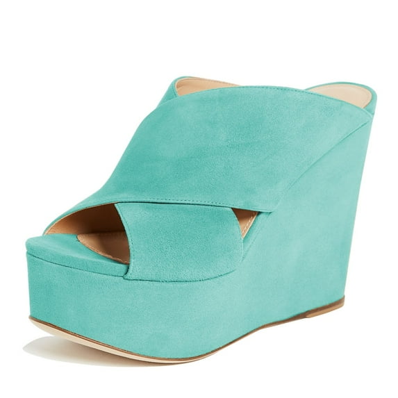 YDN Women Chic Peep Toe Wedge High Heel Sandals Slip On Double Wide Strap Backless Platform Mules Walking Dress Shoes Size 5 Turquoise