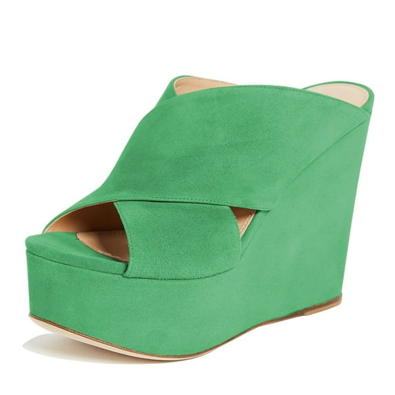 YDN Women Chic Peep Toe Wedge High Heel Sandals Slip On Double Wide Strap Backless Platform Mules Walking Dress Shoes Size 7.5 Green