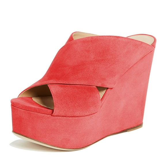 YDN Women Chic Peep Toe Wedge High Heel Sandals Slip On Double Wide Strap Backless Platform Mules Walking Dress Shoes Size 7 Red