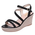 thumbnail image 1 of YDN Women Chic Platform Wedge Espadrilles High Heels Sandals Round Open Toe Ankle Strap Buckle Casual Vacation Shoes Size 12 Black, 1 of 5