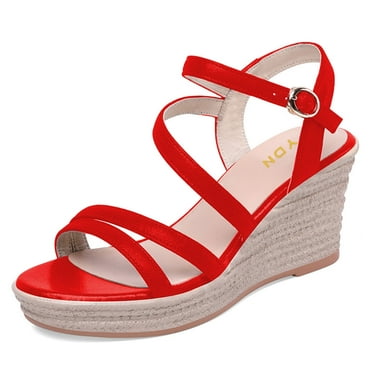 YDN Women Chic Platform Wedge Espadrilles High Heels Sandals Round Open Toe Ankle Strap Buckle Casual Vacation Shoes Size 7 Red
