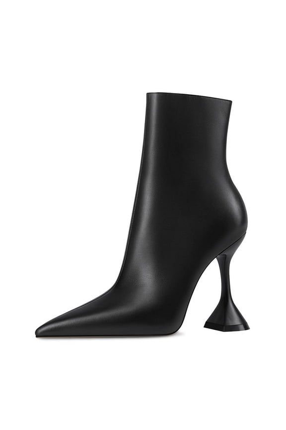 Women Chic Pointed Closed Toe Mid Calf Ankle Boots Flared Mid Heel Side Zipper Boots Office Dress Shoes Size 7 Black