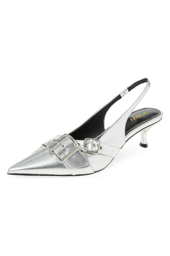 Women Chic Pointed Toe Slingback Buckle Pumps Elastic Strap Slip On Kitten Low Heels Shoes Party Daily Dress Size 6 Silver