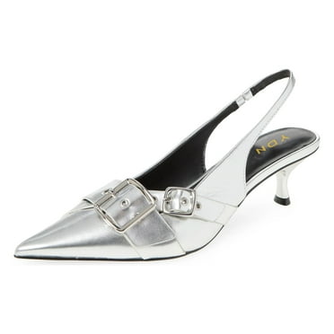 YDN Women Chic Pointed Toe Slingback Buckle Pumps Elastic Strap Slip On Kitten Low Heels Shoes Party Daily Dress Size 7 Silver