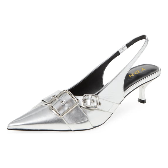 YDN Women Chic Pointed Toe Slingback Buckle Pumps Elastic Strap Slip On Kitten Low Heels Shoes Party Daily Dress Size 7 Silver
