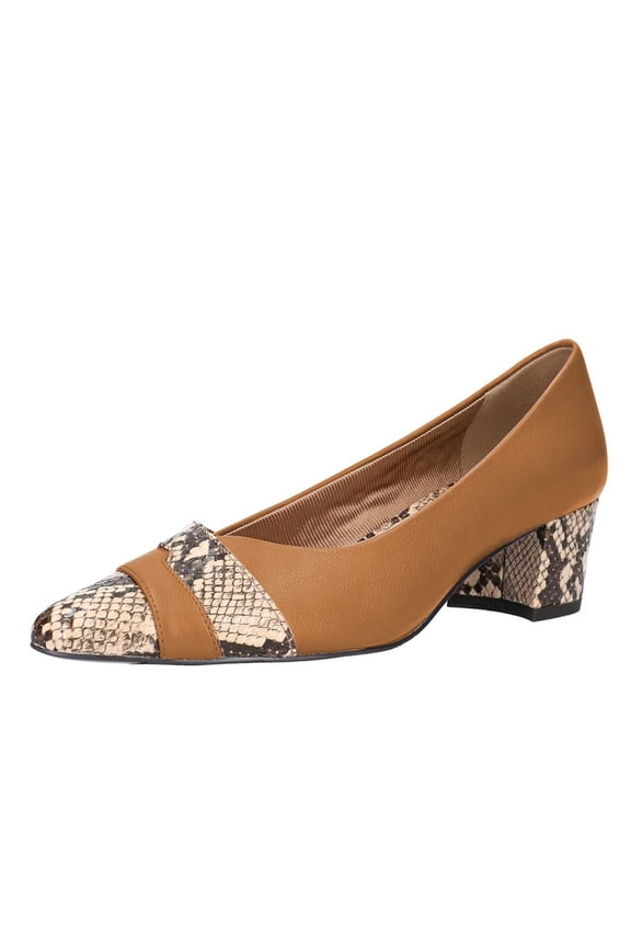 Women Chic Snakeskin Patchwork Pumps Block Chunky Low Heels Pointy Close Toe Slip On Business Fashion Sexy Shoes Size 6 Tawny