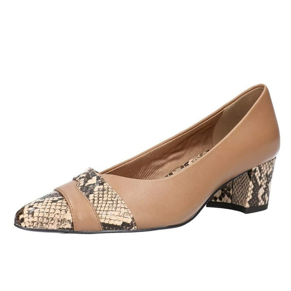 YDN Women Chic Snakeskin Patchwork Pumps Block Chunky Low Heels Pointy Close Toe Slip On Business Fashion Sexy Shoes Size 9 Brown