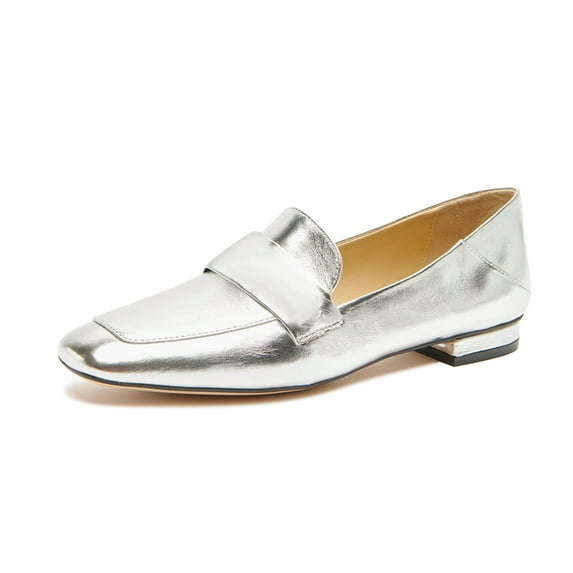 YDN Women Chic Square Closed Toe Slip On Loafer Flats Block Low Heel Pumps Office Outfit Walking Dressy Shoes Size 9.5 Silver