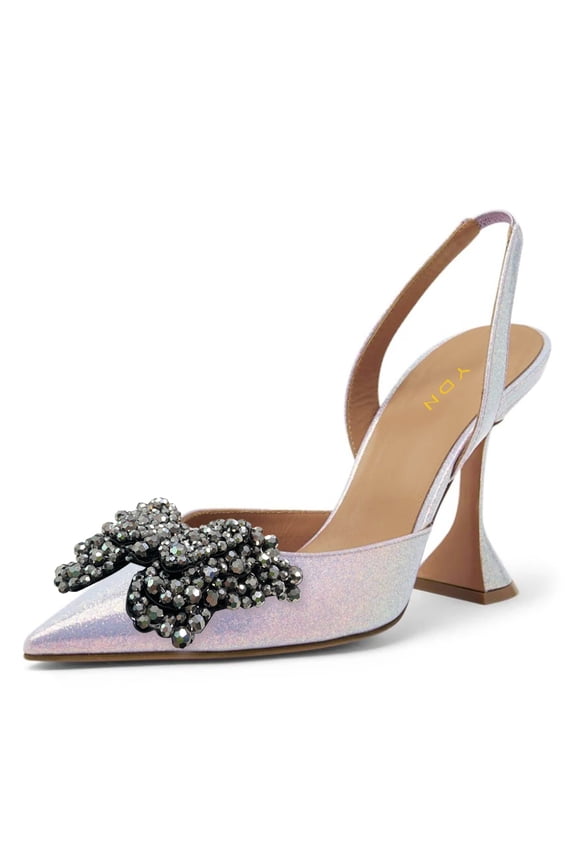 Women Chic Studded Bows Elastic Strap Slingback Pumps Slip On Pointy Toe Mid Heels Party Dress Shoes Size 12 Light Pink