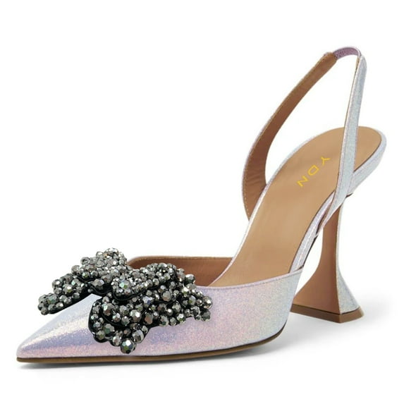 YDN Women Chic Studded Bows Elastic Strap Slingback Pumps Slip On Pointy Toe Mid Heels Party Dress Shoes Size 7 Light Pink