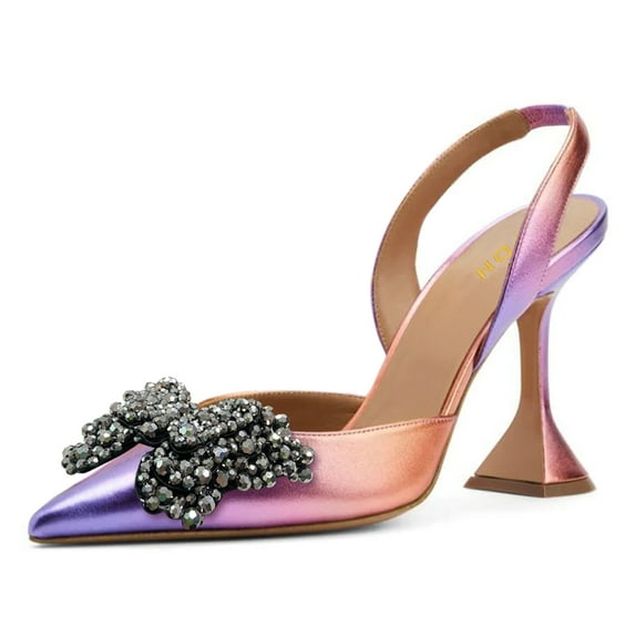 YDN Women Chic Studded Bows Elastic Strap Slingback Pumps Slip On Pointy Toe Mid Heels Party Dress Shoes Size 7 Multi