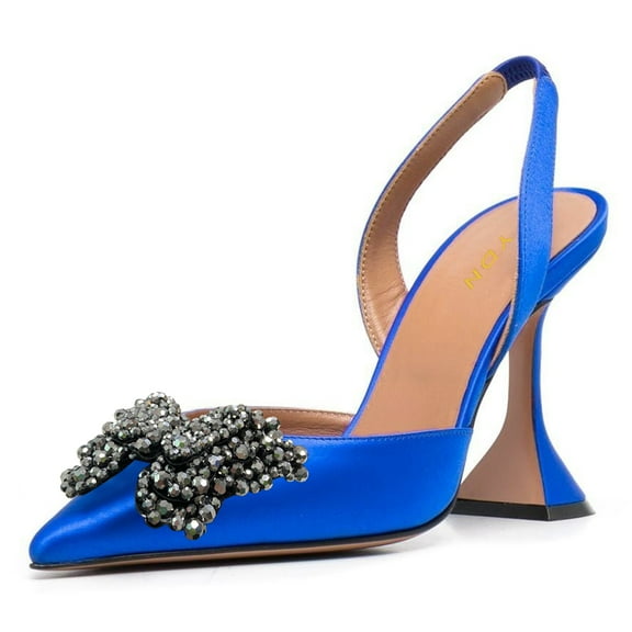 YDN Women Chic Studded Bows Elastic Strap Slingback Pumps Slip On Pointy Toe Mid Heels Party Dress Shoes Size 9 Royal Blue