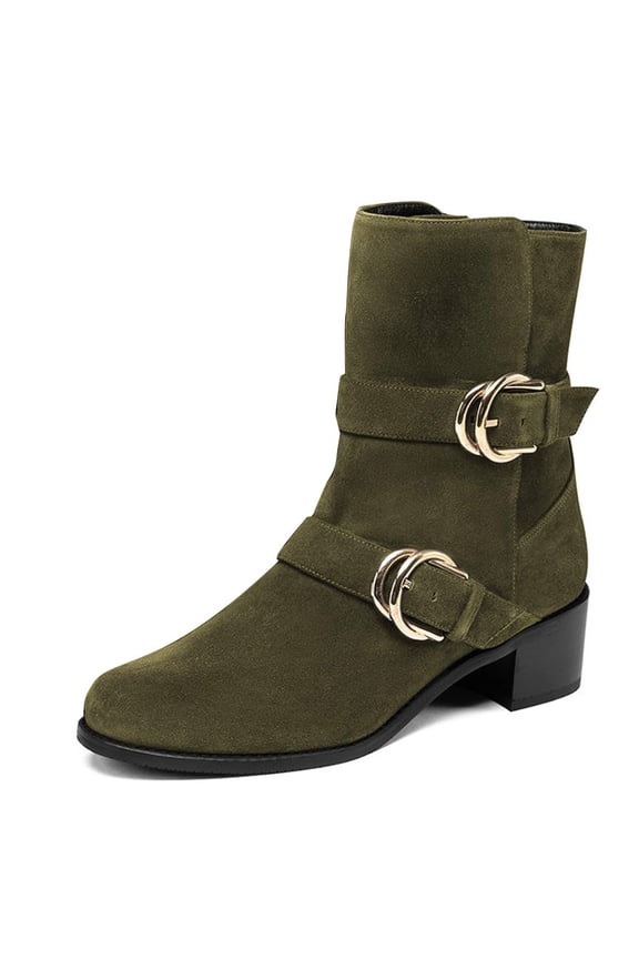 Women Classic Block Chunky Heels Ankle Boots Buckle Straps Decor Round Closed Toe Side Zipper Booties Walking Winter Shoes Size 9 Green