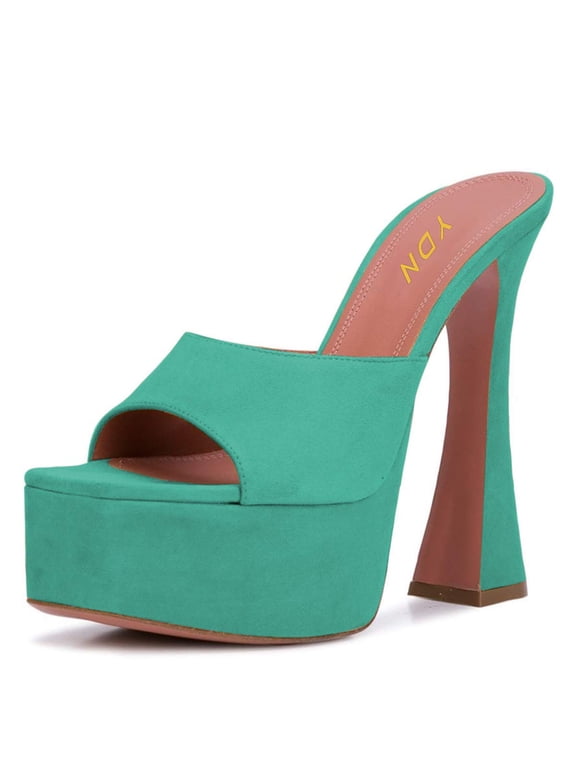 Women Classic Block Platform High Heels Pumps Square Open Toe Slip On Dressy Wedding Slide Party Dressy Mules Shoes Size 4 Turquoise