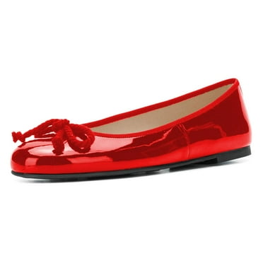 YDN Women Classic Bowknot Round Closed Toe Ballet Flats Slip On Pumps Low Heel Simple Dressy Casual Soft Shoes Size 10.5 Red Pu