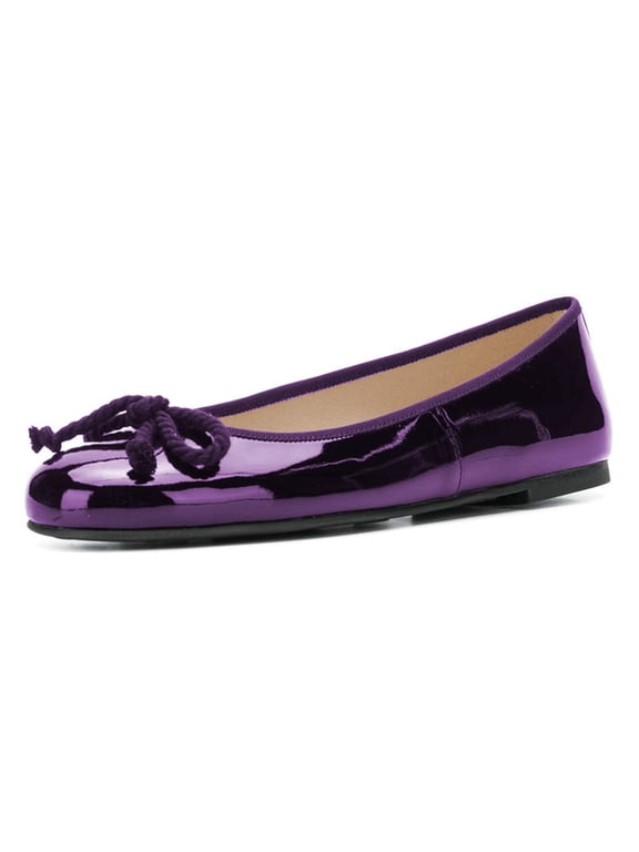 Women Classic Bowknot Round Closed Toe Ballet Flats Slip On Pumps Low Heel Simple Dressy Casual Soft Shoes Size 5 Purple