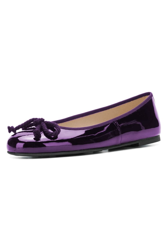 Women Classic Bowknot Round Closed Toe Ballet Flats Slip On Pumps Low Heel Simple Dressy Casual Soft Shoes Size 5 Purple