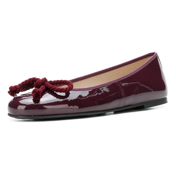 YDN Women Classic Bowknot Round Closed Toe Ballet Flats Slip On Pumps Low Heel Simple Dressy Casual Soft Shoes Size 6.5 Wine Red