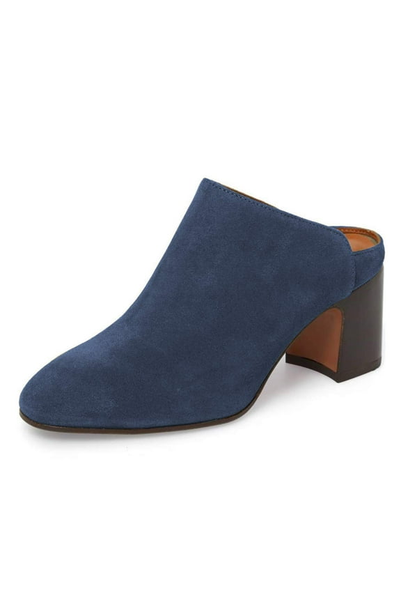 Women Classic Chunky Clogs Mid Heels Slide Mule Slip On Closed Toe Backless Pumps Casual Loafer Dressy Shoes Size 6.5 Navy