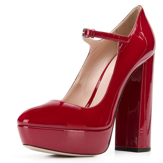 YDN Women Classic Chunky High Heel Mary Jane Almond Closed Toe Platform Pumps Adjustable Buckle Ankle Straps Dress Office Shoes Size 13 Red