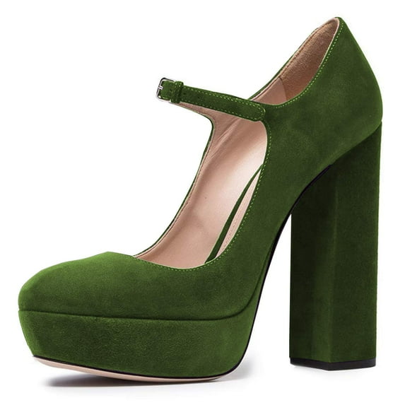 YDN Women Classic Chunky High Heel Mary Jane Almond Closed Toe Platform Pumps Adjustable Buckle Ankle Straps Dress Office Shoes Size 6.5 Green