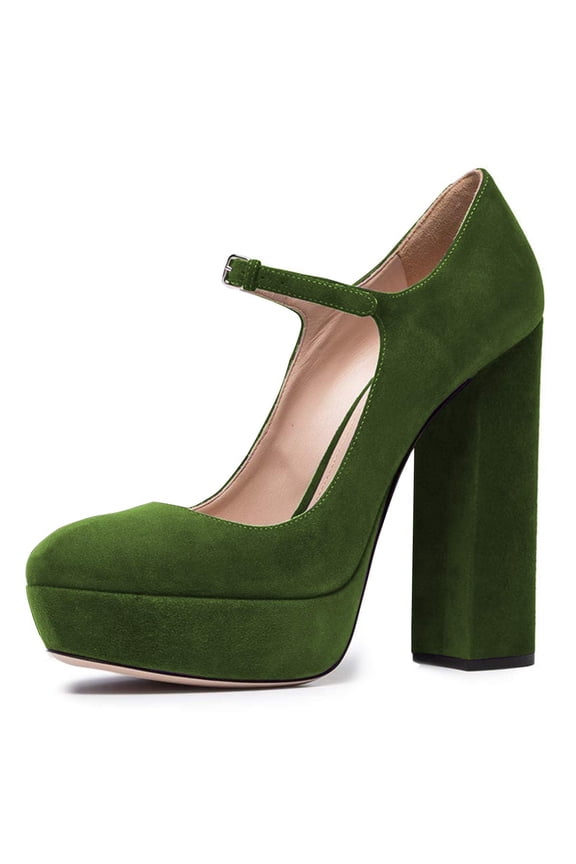 Women Classic Chunky High Heel Mary Jane Almond Closed Toe Platform Pumps Adjustable Buckle Ankle Straps Dress Office Shoes Size 8 Green