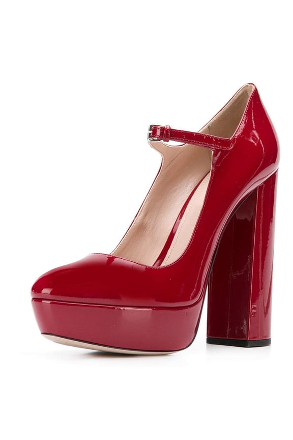 Women Classic Chunky High Heel Mary Jane Almond Closed Toe Platform Pumps Adjustable Buckle Ankle Straps Dress Office Shoes Size 9.5 Red