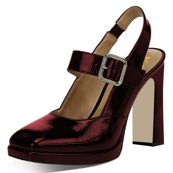 YDN Women Classic Chunky High Heel Pumps Square Toe Elastic Slingback Strap Buckle Shoes for Wedding Bridal Event Size 10 Red
