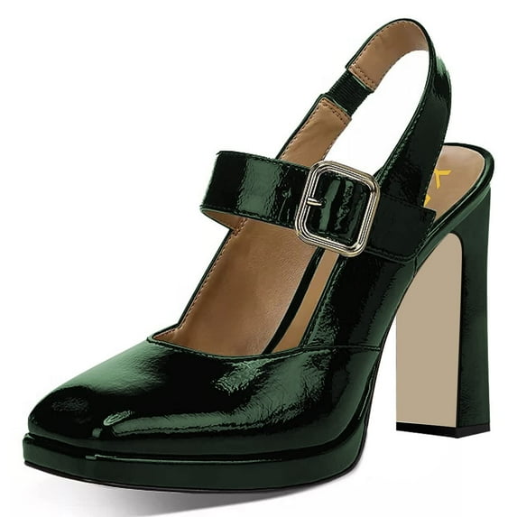 YDN Women Classic Chunky High Heel Pumps Square Toe Elastic Slingback Strap Buckle Shoes for Wedding Bridal Event Size 7.5 Green