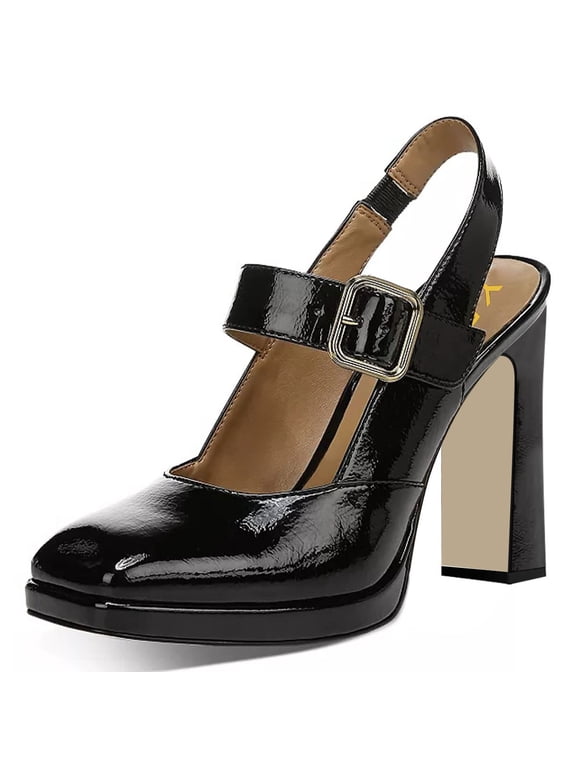 Women Classic Chunky High Heel Pumps Square Toe Elastic Slingback Strap Buckle Shoes for Wedding Bridal Event Size 7 Black