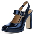 thumbnail image 1 of YDN Women Classic Chunky High Heel Pumps Square Toe Elastic Slingback Strap Buckle Shoes for Wedding Bridal Event Size 7 Blue, 1 of 4