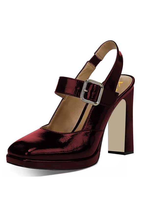 Women Classic Chunky High Heel Pumps Square Toe Elastic Slingback Strap Buckle Shoes for Wedding Bridal Event Size 8 Red